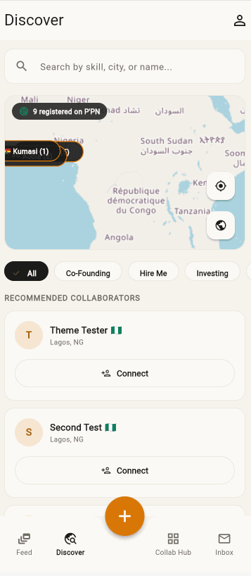 Discover screen with a map of registered members