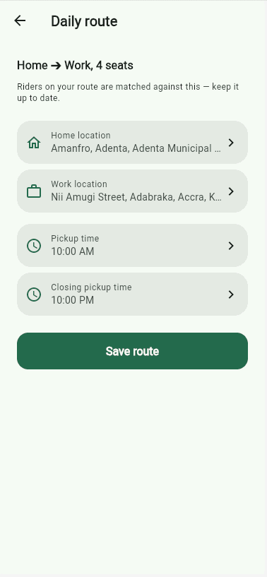 Daily route screen showing home-to-work commute and pickup times