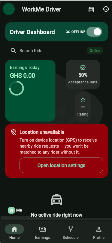 Driver dashboard with today's earnings, acceptance rate, and rating