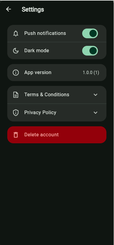 Driver settings screen with notifications and dark mode toggle