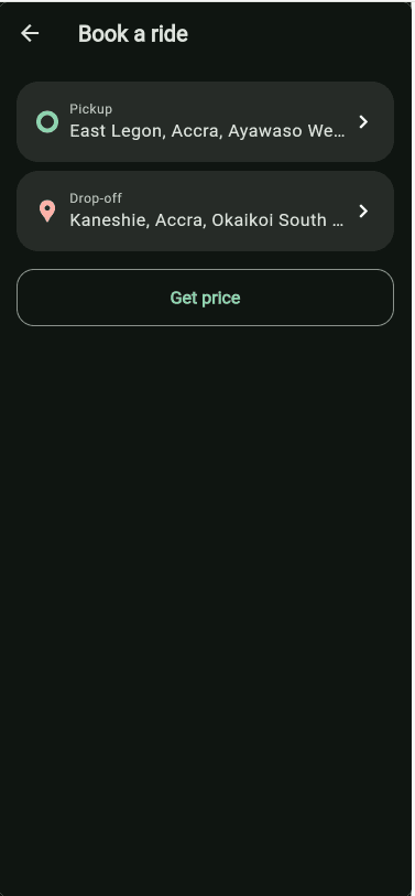 Book a ride screen with pickup and drop-off addresses