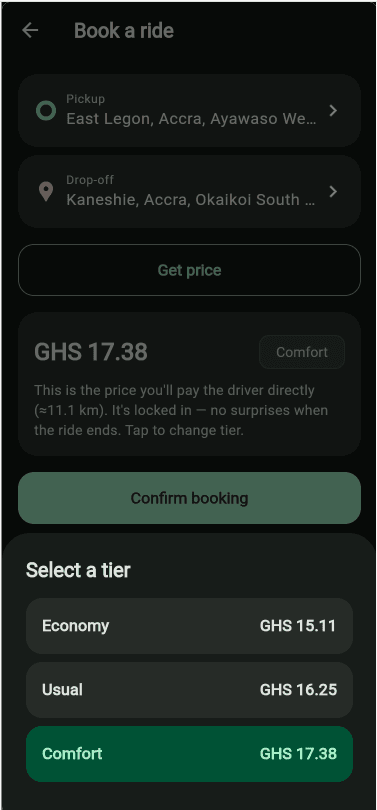Ride price and tier selection screen showing Economy, Usual, and Comfort options