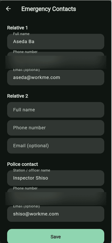 Emergency contacts screen for adding trusted contacts and a police contact
