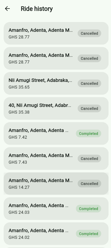 Ride history screen listing past trips