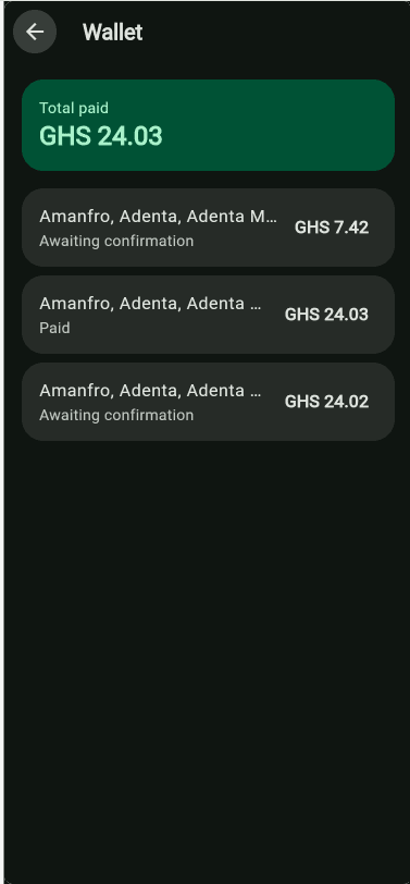 Wallet screen showing total paid and per-ride payment status