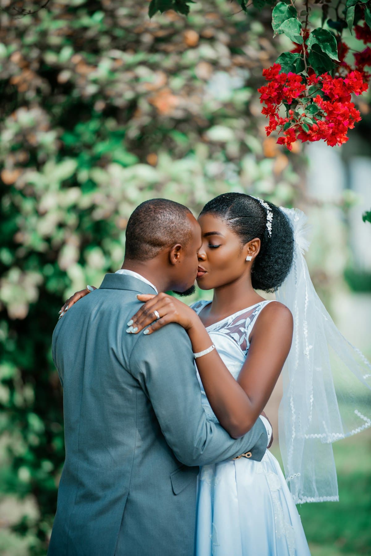 A couple embracing at their wedding