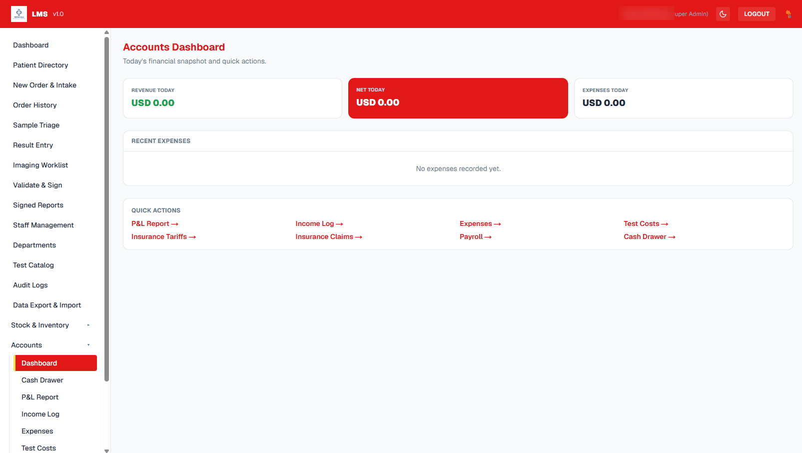 Accounts dashboard with today's revenue, net, and expenses, and quick links to P&L, payroll, and insurance claims