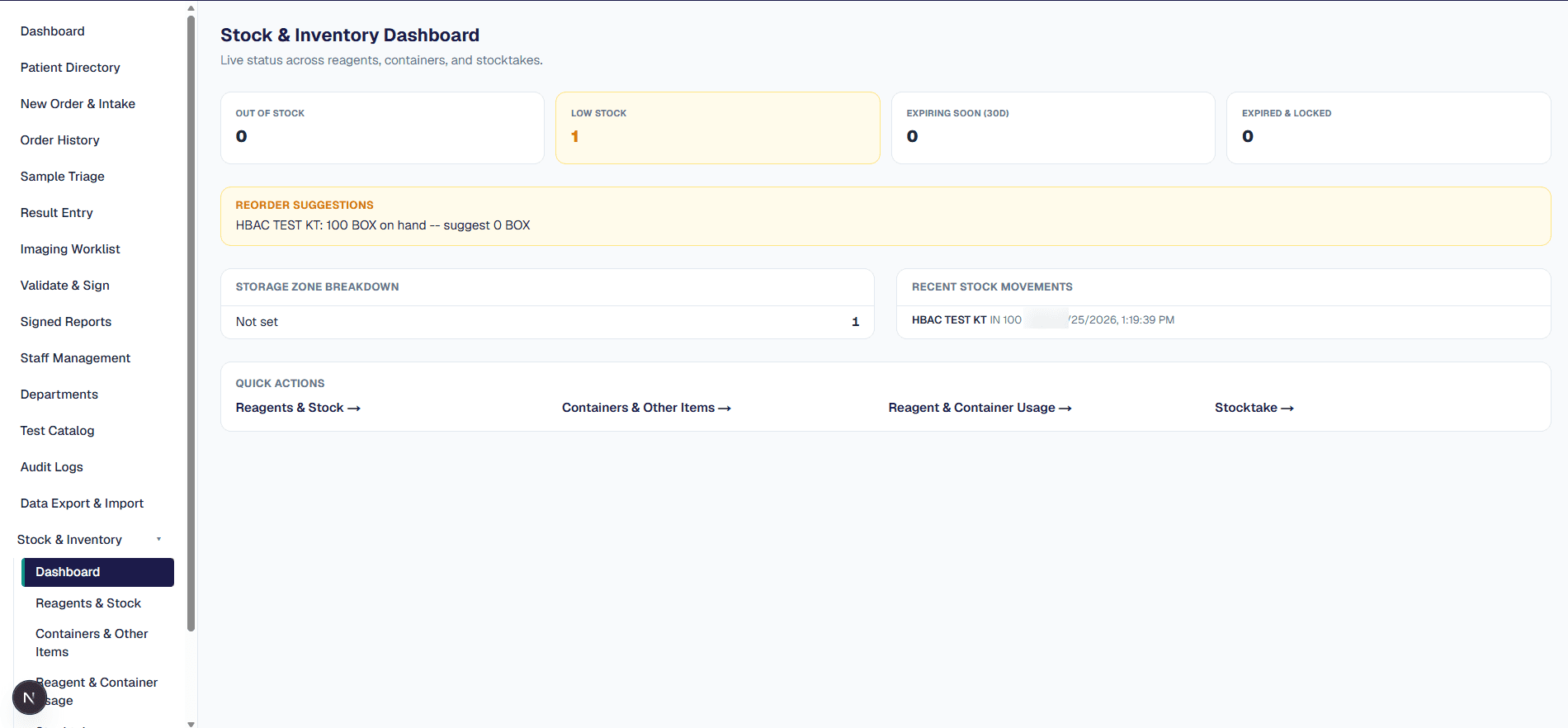 Stock and inventory dashboard with low-stock and expiry warnings and automatic reorder suggestions