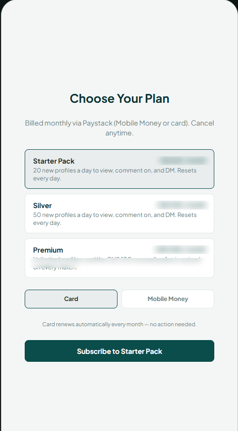 Choose Your Plan screen