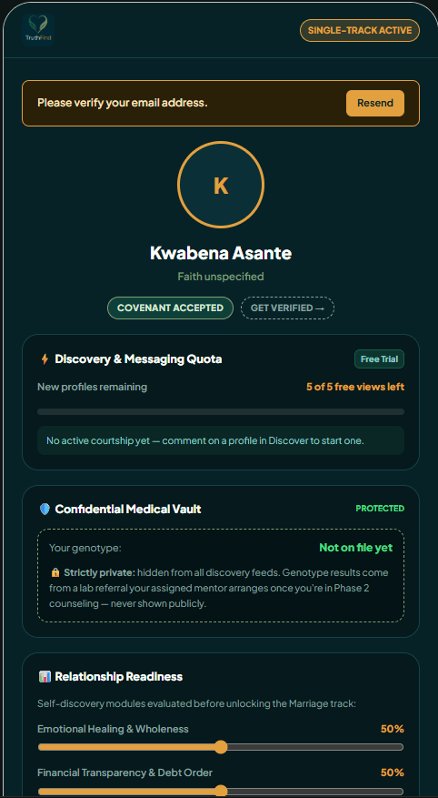 Profile with quota, medical vault, and relationship readiness